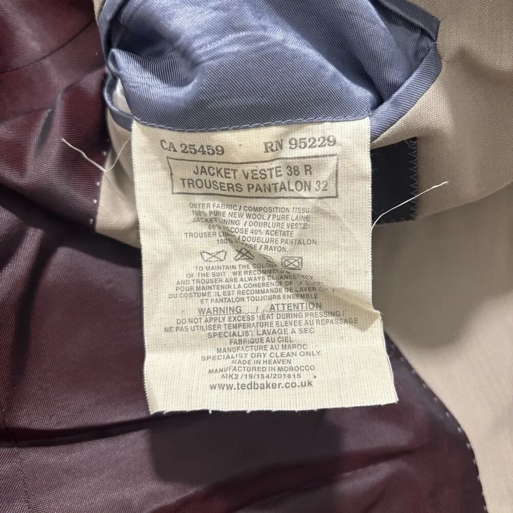 Ted Baker Endurance Suit Mens 38R Pants 32x32 Beige 100% Wool Classic Designer